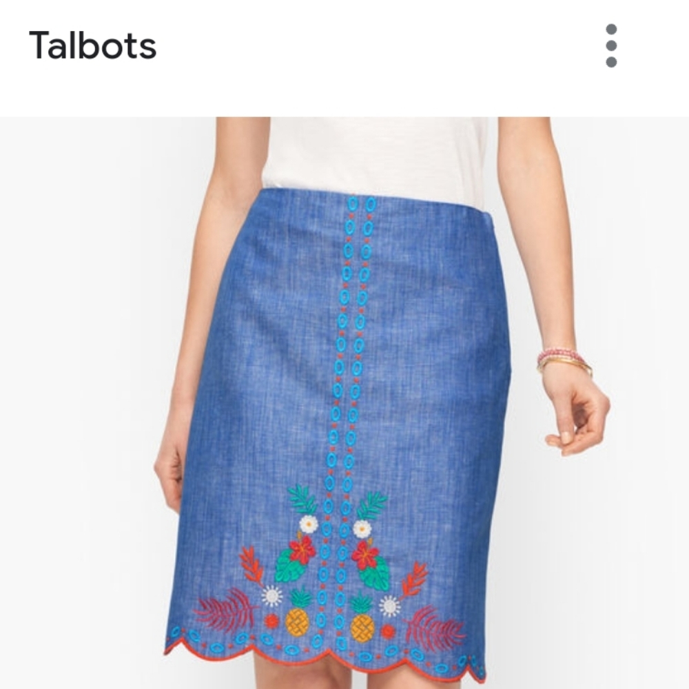 Talbots Petites Women Skirt Size 14P Blue Chambray Linen Blend Embroidery Lined